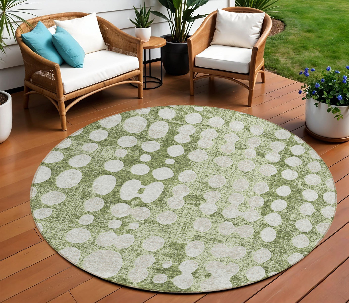 Tabselect Home Line 8' Artichoke Green And Ivory Round Abstract Washable Indoor Outdoor Area Rug