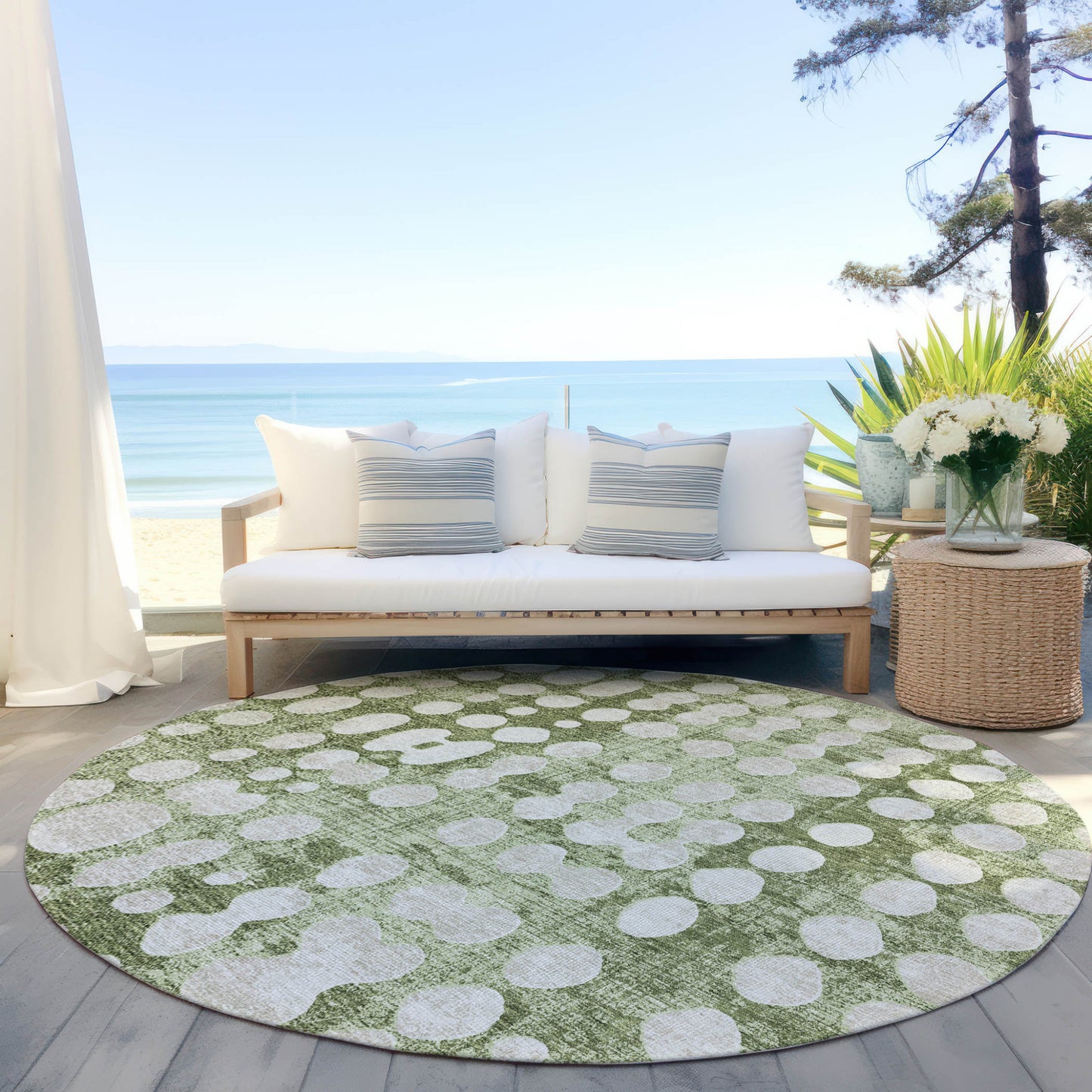 Tabselect Home Line 8' Artichoke Green And Ivory Round Abstract Washable Indoor Outdoor Area Rug