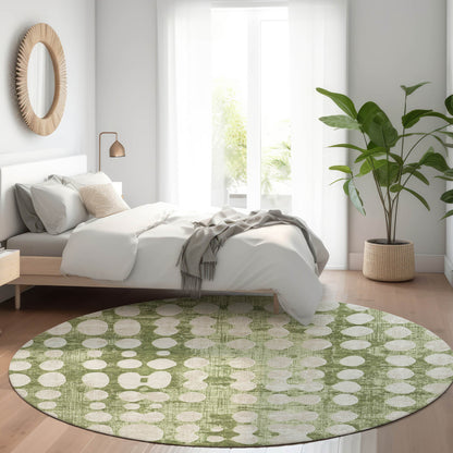 Tabselect Home Line 8' Artichoke Green And Ivory Round Abstract Washable Indoor Outdoor Area Rug