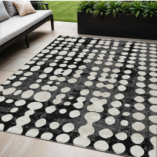 Tabselect Home Line 5' X 8' Black And Ivory Abstract Washable Indoor Outdoor Area Rug