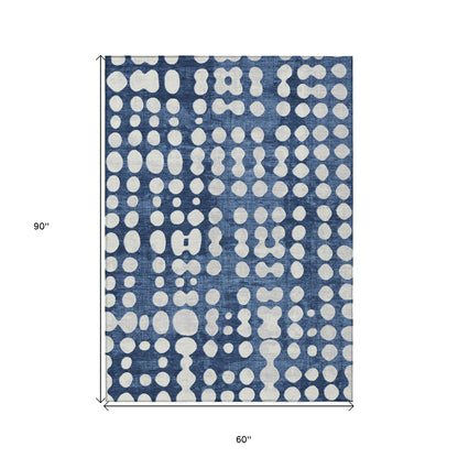 Tabselect Home Line 5' X 8' Navy Blue And Ivory Abstract Washable Indoor Outdoor Area Rug
