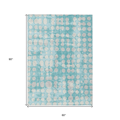 Tabselect Home Line 5' X 8' Teal Blue And Ivory Abstract Washable Indoor Outdoor Area Rug