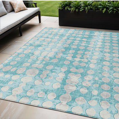 Tabselect Home Line 5' X 8' Teal Blue And Ivory Abstract Washable Indoor Outdoor Area Rug
