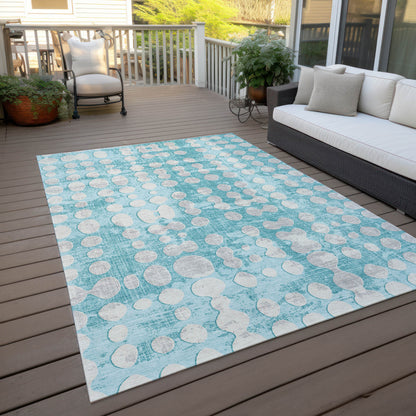 Tabselect Home Line 5' X 8' Teal Blue And Ivory Abstract Washable Indoor Outdoor Area Rug