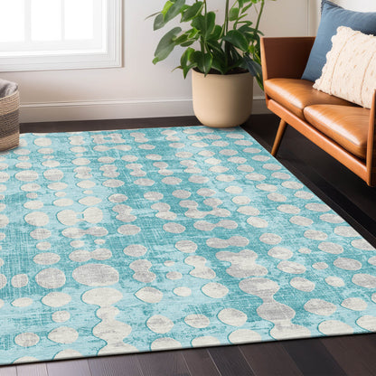 Tabselect Home Line 5' X 8' Teal Blue And Ivory Abstract Washable Indoor Outdoor Area Rug