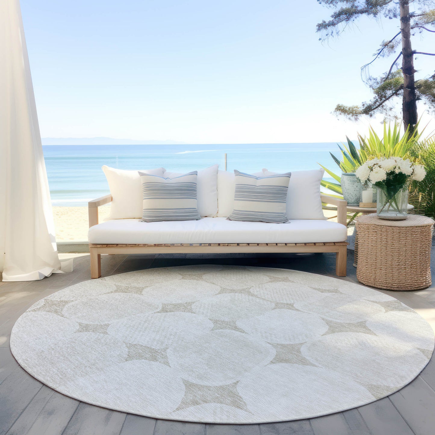 Tabselect Home Line 8' Beige And Brown Round Abstract Washable Indoor Outdoor Area Rug