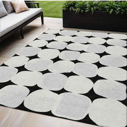 Tabselect Home Line 5' X 8' Black Gray And Ivory Abstract Washable Indoor Outdoor Area Rug