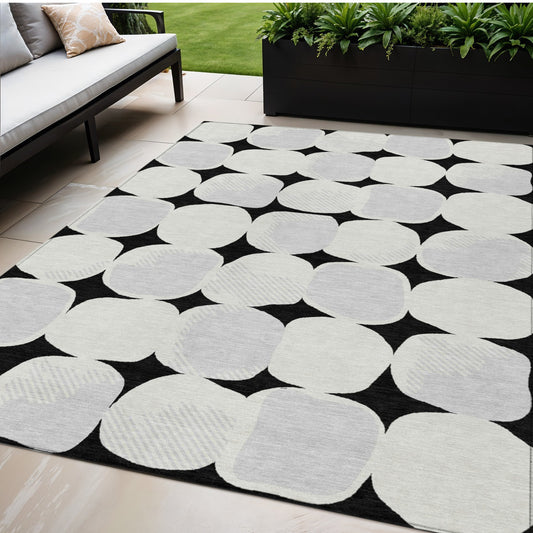 Tabselect Home Line 5' X 8' Black Gray And Ivory Abstract Washable Indoor Outdoor Area Rug