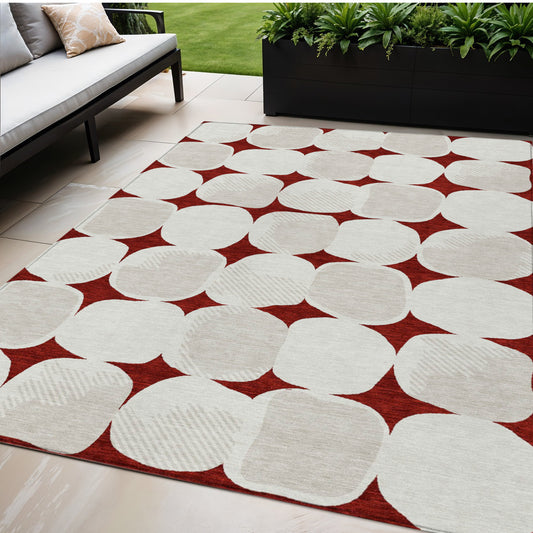 Tabselect Home Line 5' X 8' Burgundy Beige And Ivory Abstract Washable Indoor Outdoor Area Rug