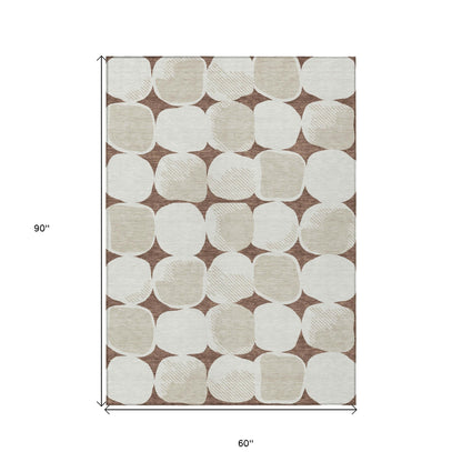 Tabselect Home Line 5' X 8' Brown Beige And Ivory Abstract Washable Indoor Outdoor Area Rug