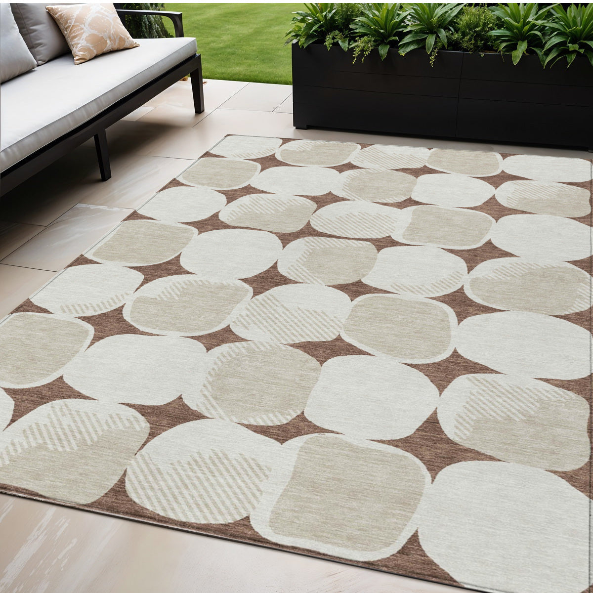 Tabselect Home Line 5' X 8' Brown Beige And Ivory Abstract Washable Indoor Outdoor Area Rug