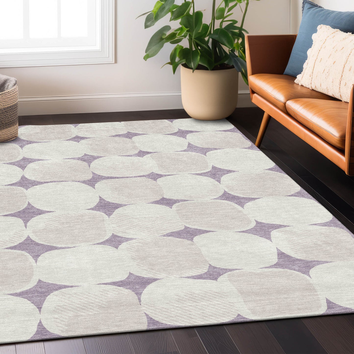 Tabselect Home Line 5' X 8' Lavender Beige And Ivory Abstract Washable Indoor Outdoor Area Rug