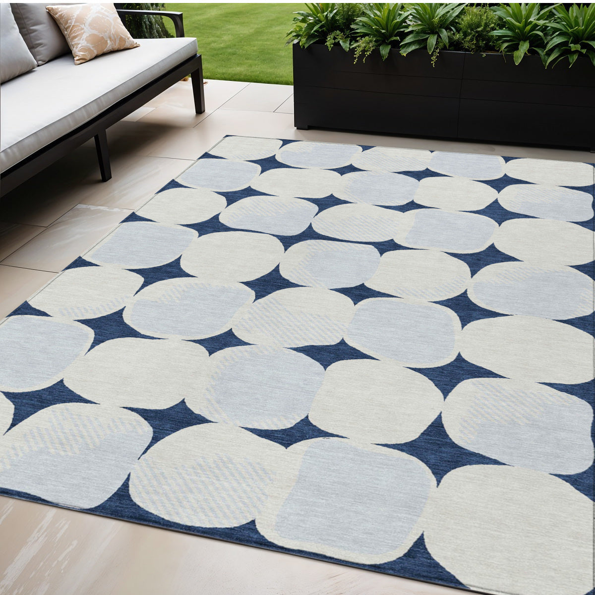 Tabselect Home Line 5' X 8' Navy Blue Gray And Ivory Abstract Washable Indoor Outdoor Area Rug