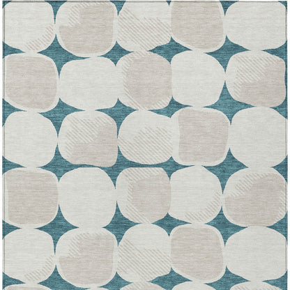 Tabselect Home Line 5' X 8' Teal Blue Beige And Ivory Abstract Washable Indoor Outdoor Area Rug