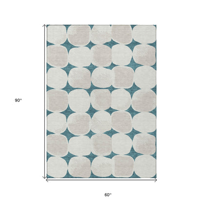 Tabselect Home Line 5' X 8' Teal Blue Beige And Ivory Abstract Washable Indoor Outdoor Area Rug