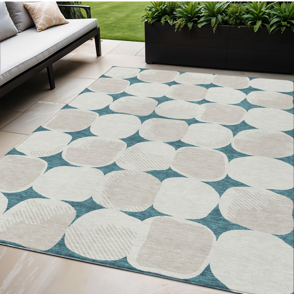 Tabselect Home Line 5' X 8' Teal Blue Beige And Ivory Abstract Washable Indoor Outdoor Area Rug
