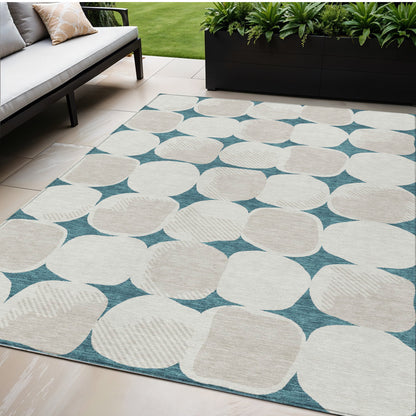 Tabselect Home Line 5' X 8' Teal Blue Beige And Ivory Abstract Washable Indoor Outdoor Area Rug