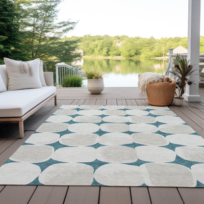 Tabselect Home Line 5' X 8' Teal Blue Beige And Ivory Abstract Washable Indoor Outdoor Area Rug