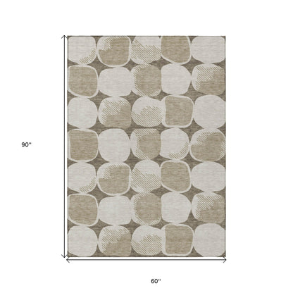 Tabselect Home Line 5' X 8' Taupe Beige And Gray Abstract Washable Indoor Outdoor Area Rug