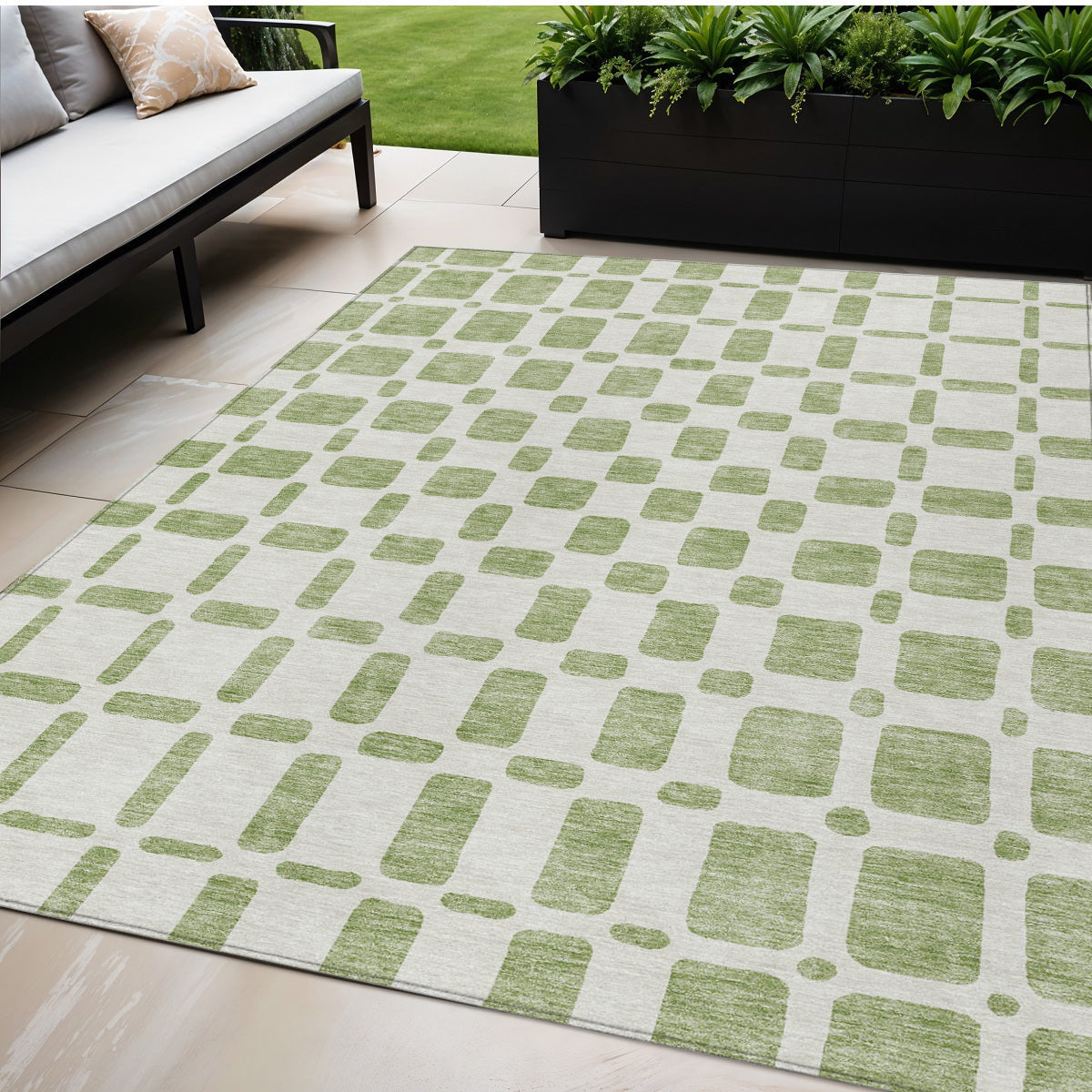 Tabselect Home Line 5' X 8' Artichoke Green And Ivory Geometric Washable Indoor Outdoor Area Rug