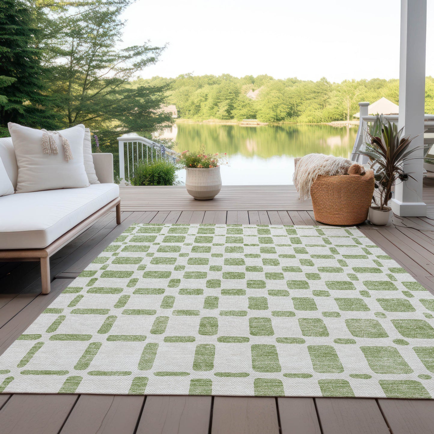 Tabselect Home Line 5' X 8' Artichoke Green And Ivory Geometric Washable Indoor Outdoor Area Rug