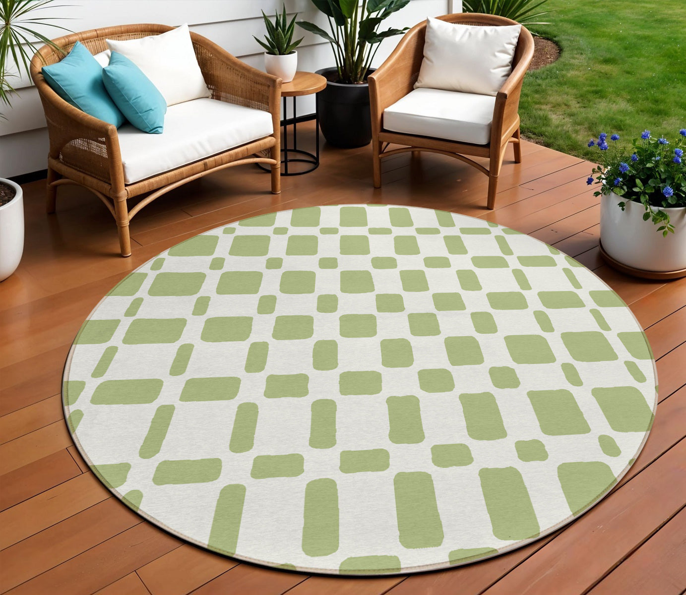 Tabselect Home Line 8' Artichoke Green And Ivory Round Geometric Washable Indoor Outdoor Area Rug