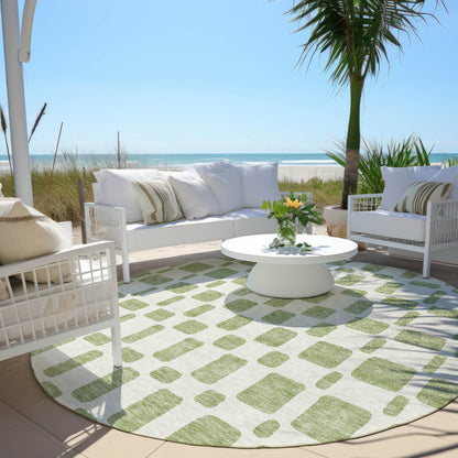 Tabselect Home Line 8' Artichoke Green And Ivory Round Geometric Washable Indoor Outdoor Area Rug