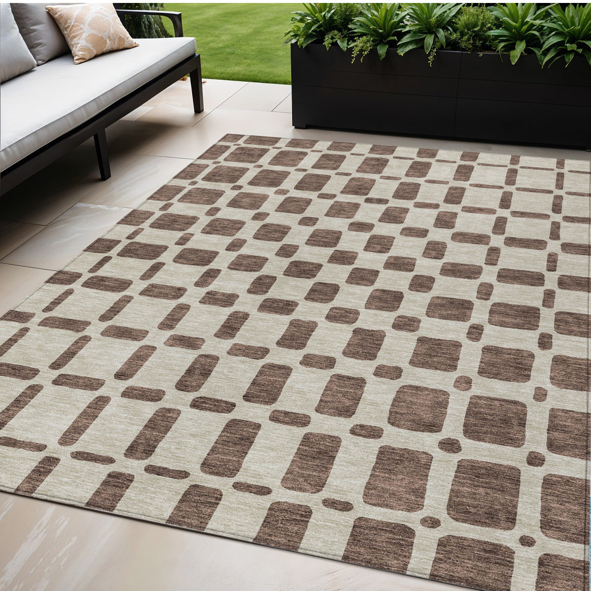 Tabselect Home Line 5' X 8' Brown And Beige Geometric Washable Indoor Outdoor Area Rug