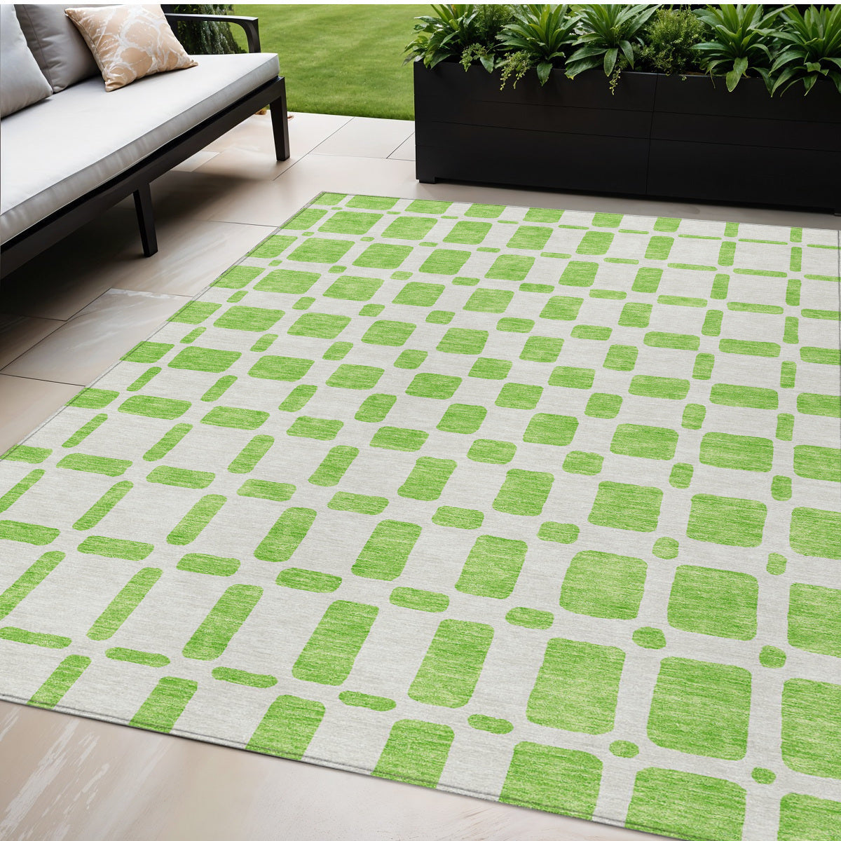 Tabselect Home Line 5' X 8' Lime Green And Ivory Geometric Washable Indoor Outdoor Area Rug