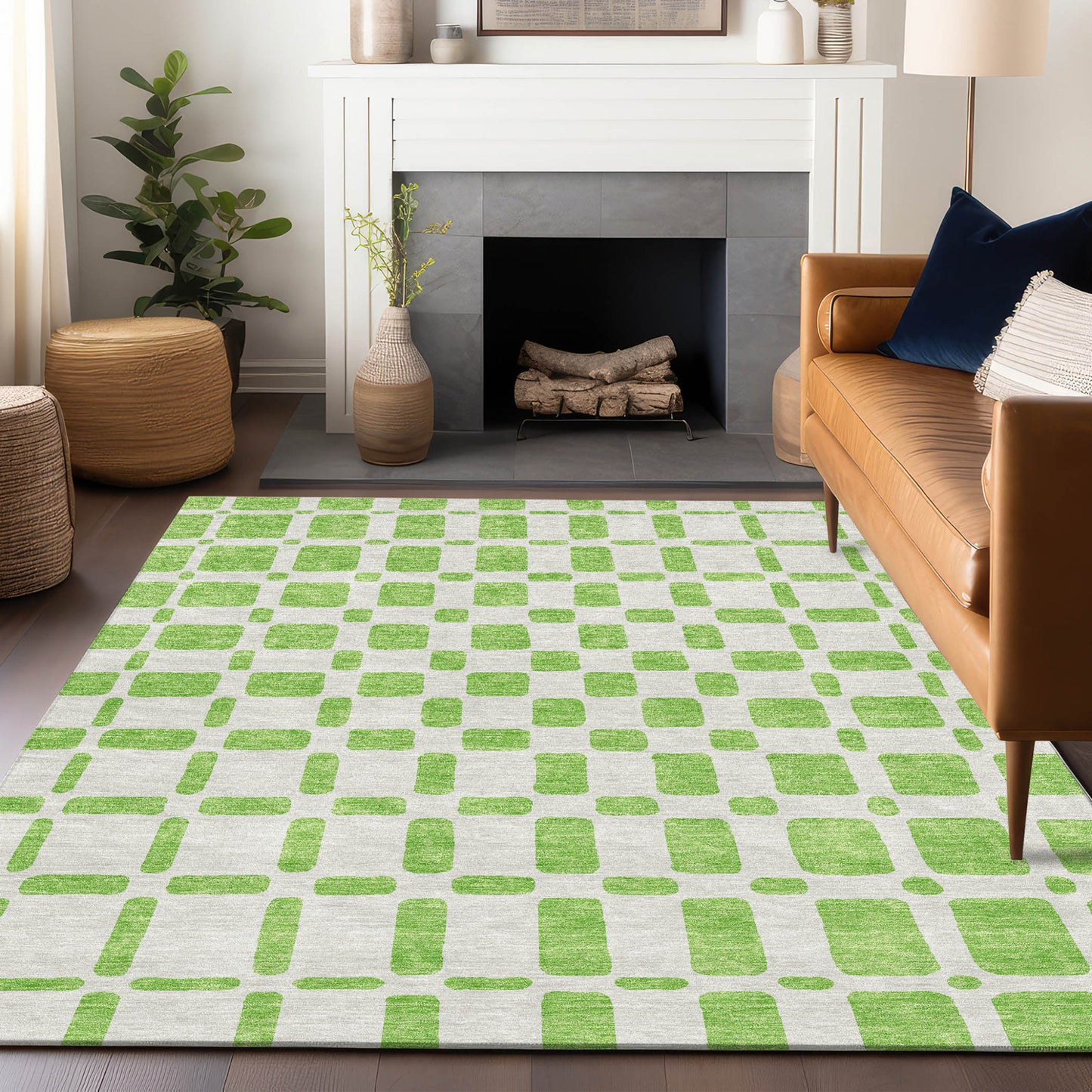 Tabselect Home Line 5' X 8' Lime Green And Ivory Geometric Washable Indoor Outdoor Area Rug