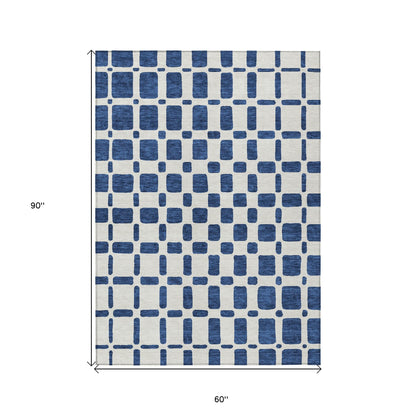 Tabselect Home Line 5' X 8' Navy Blue And Ivory Geometric Washable Indoor Outdoor Area Rug