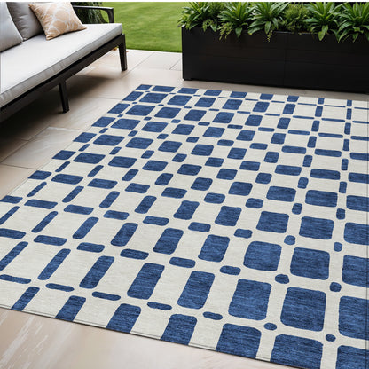 Tabselect Home Line 5' X 8' Navy Blue And Ivory Geometric Washable Indoor Outdoor Area Rug