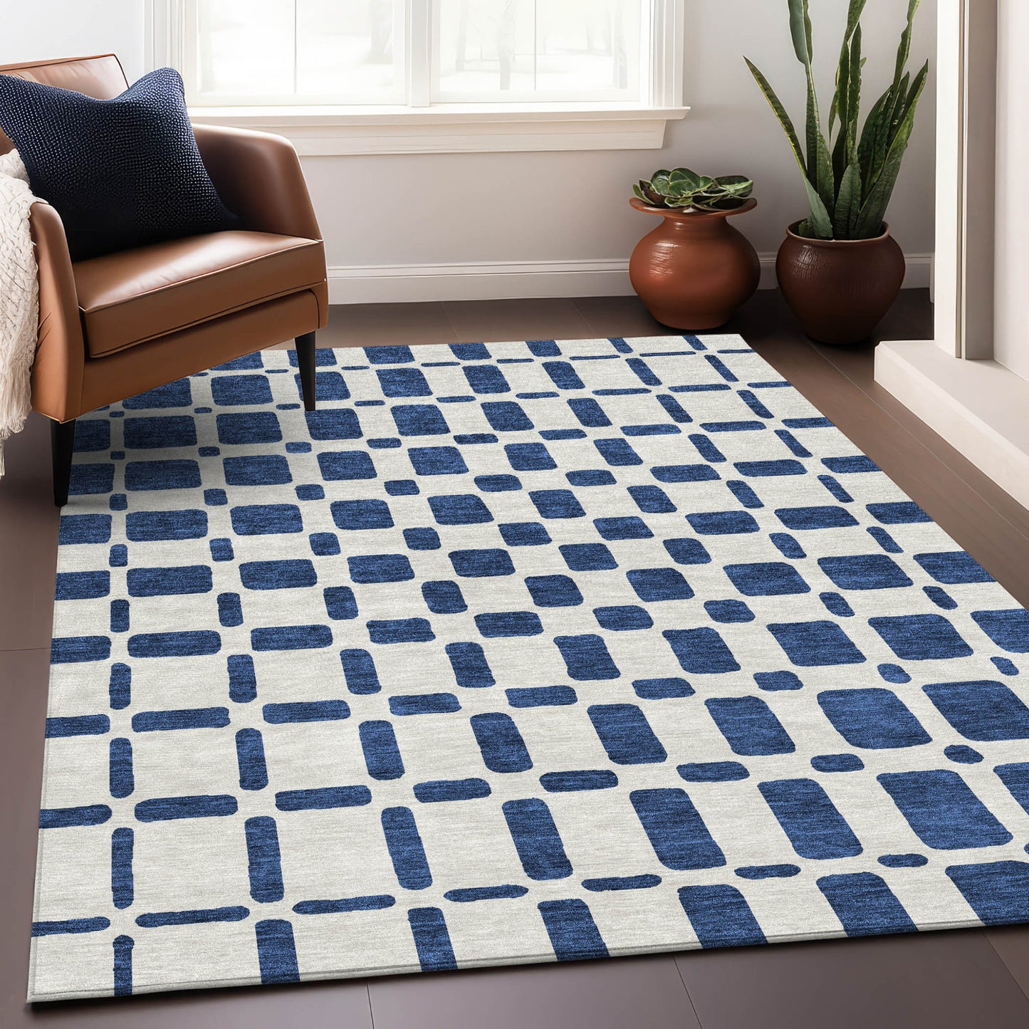 Tabselect Home Line 5' X 8' Navy Blue And Ivory Geometric Washable Indoor Outdoor Area Rug