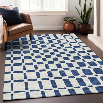 Tabselect Home Line 5' X 8' Navy Blue And Ivory Geometric Washable Indoor Outdoor Area Rug