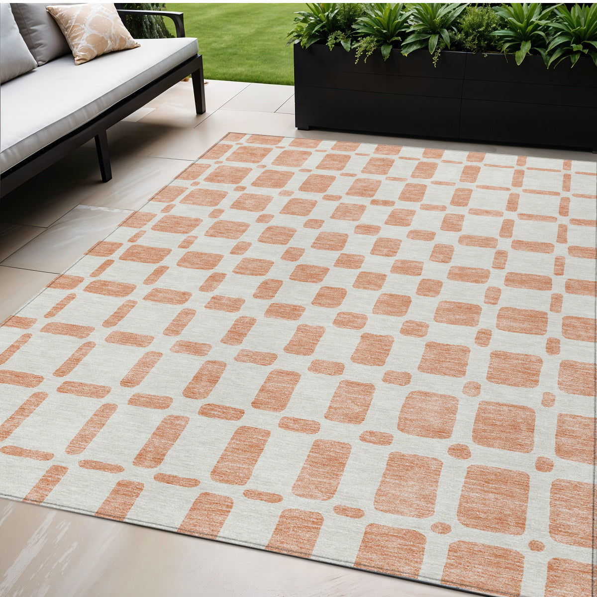 Tabselect Home Line 5' X 8' Peach And Beige Geometric Washable Indoor Outdoor Area Rug