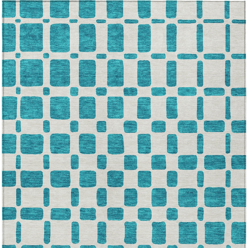 Tabselect Home Line 5' X 8' Teal Blue And Ivory Geometric Washable Indoor Outdoor Area Rug