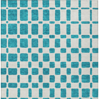 Tabselect Home Line 5' X 8' Teal Blue And Ivory Geometric Washable Indoor Outdoor Area Rug