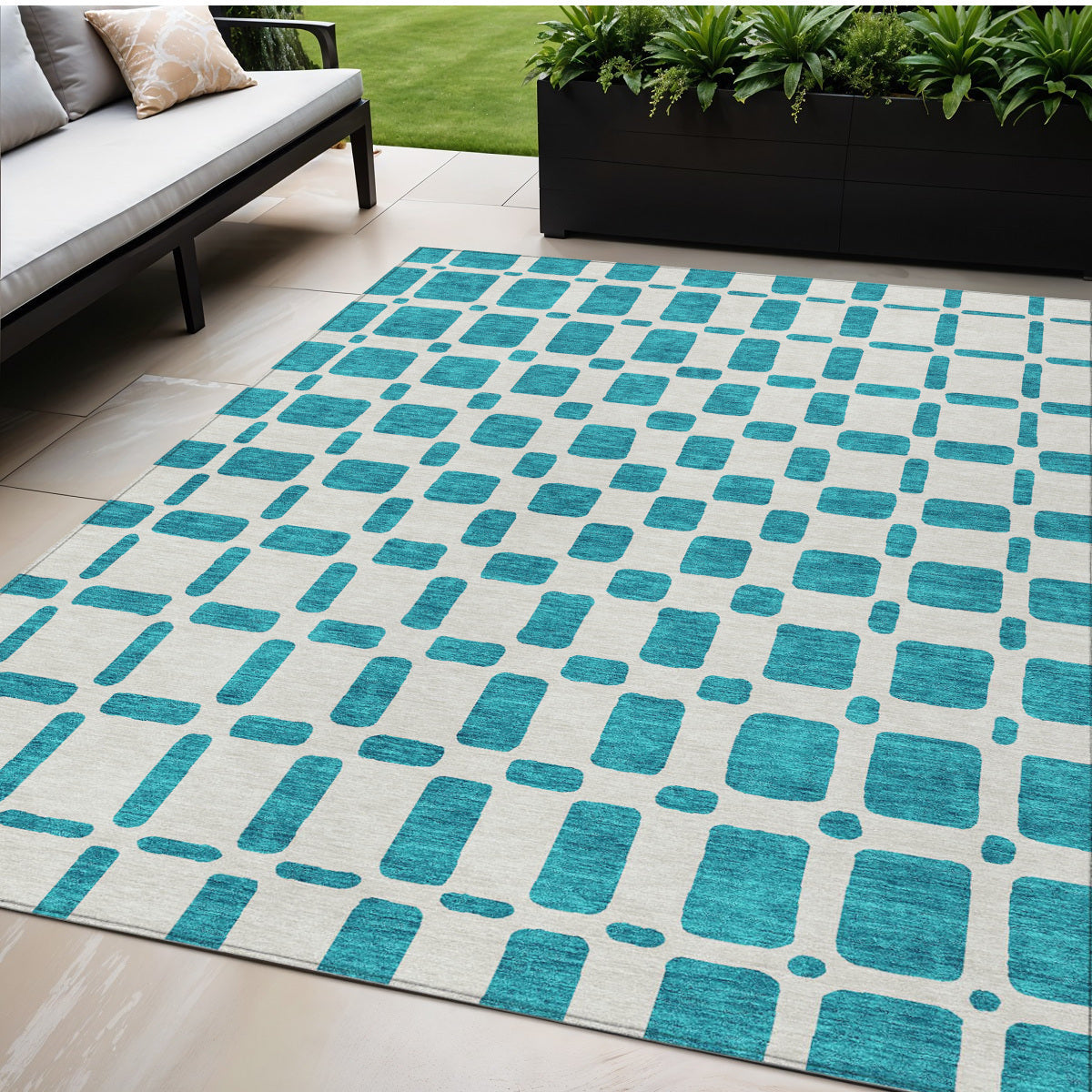 Tabselect Home Line 5' X 8' Teal Blue And Ivory Geometric Washable Indoor Outdoor Area Rug
