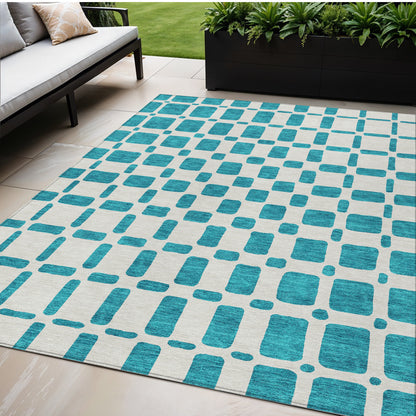 Tabselect Home Line 5' X 8' Teal Blue And Ivory Geometric Washable Indoor Outdoor Area Rug