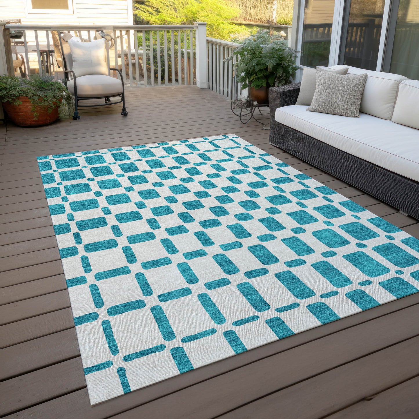 Tabselect Home Line 5' X 8' Teal Blue And Ivory Geometric Washable Indoor Outdoor Area Rug