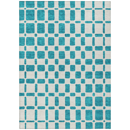 Tabselect Home Line 5' X 8' Teal Blue And Ivory Geometric Washable Indoor Outdoor Area Rug