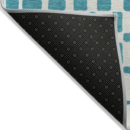 Tabselect Home Line 5' X 8' Teal Blue And Ivory Geometric Washable Indoor Outdoor Area Rug