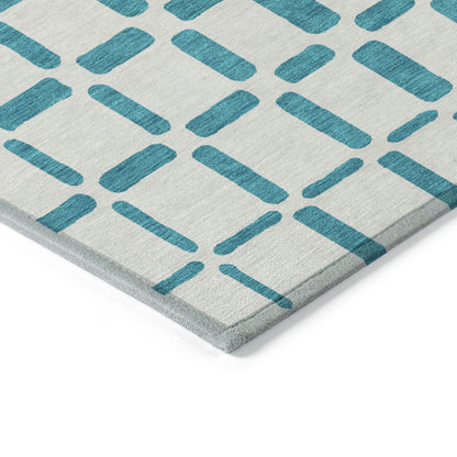 Tabselect Home Line 5' X 8' Teal Blue And Ivory Geometric Washable Indoor Outdoor Area Rug