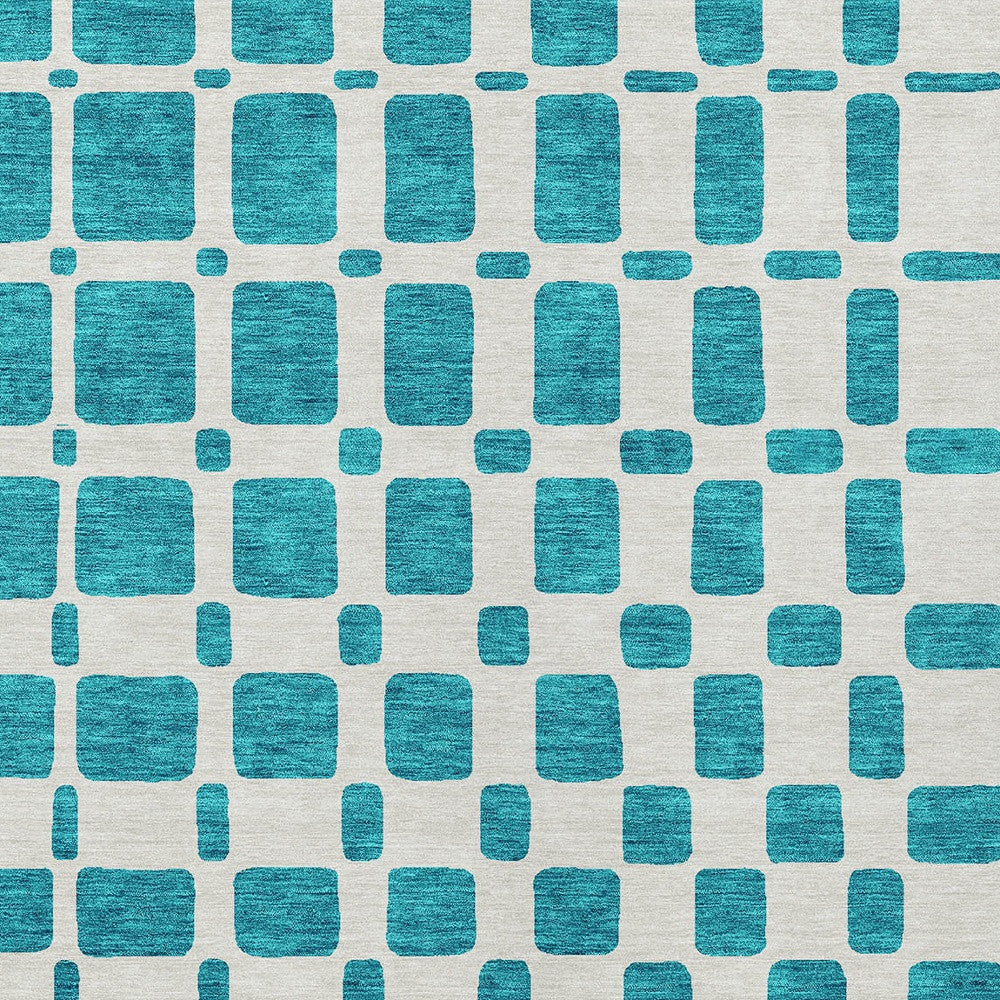 Tabselect Home Line 5' X 8' Teal Blue And Ivory Geometric Washable Indoor Outdoor Area Rug