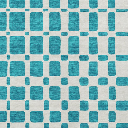 Tabselect Home Line 5' X 8' Teal Blue And Ivory Geometric Washable Indoor Outdoor Area Rug