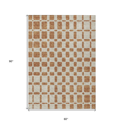Tabselect Home Line 5' X 8' Terra Cotta And Beige Geometric Washable Indoor Outdoor Area Rug