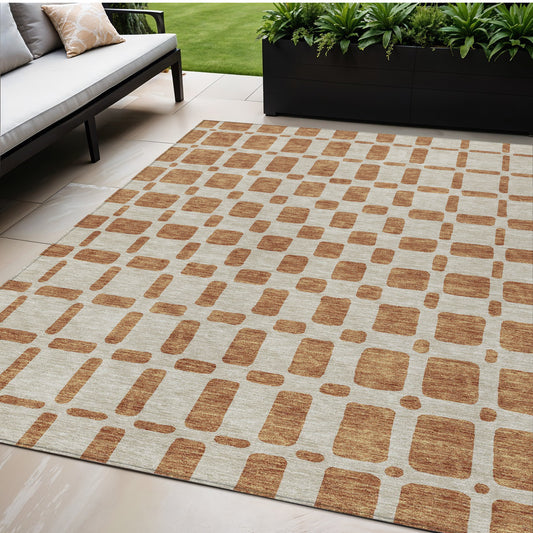Tabselect Home Line 5' X 8' Terra Cotta And Beige Geometric Washable Indoor Outdoor Area Rug