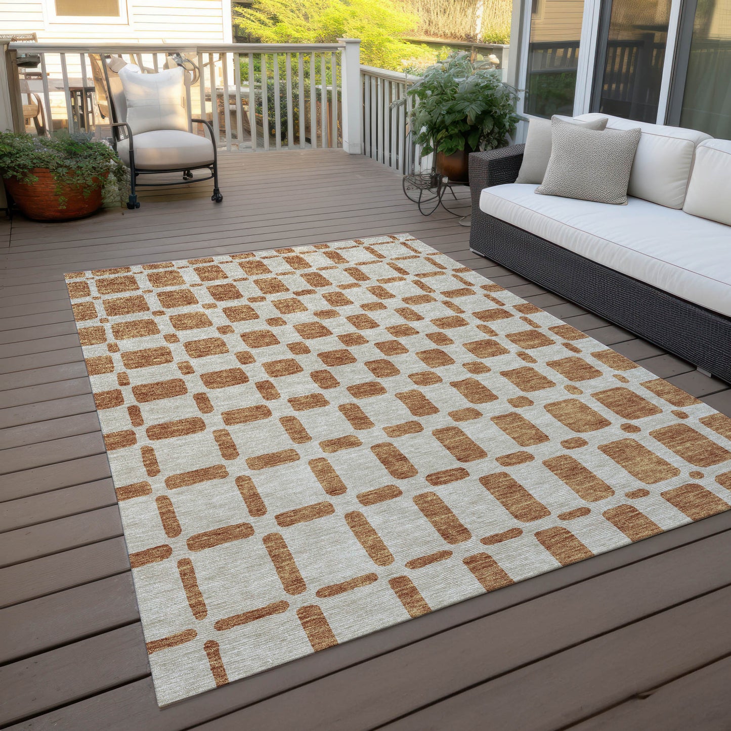 Tabselect Home Line 5' X 8' Terra Cotta And Beige Geometric Washable Indoor Outdoor Area Rug
