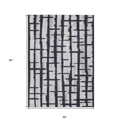 Tabselect Home Line 5' X 8' Black Beige And Gray Striped Washable Indoor Outdoor Area Rug