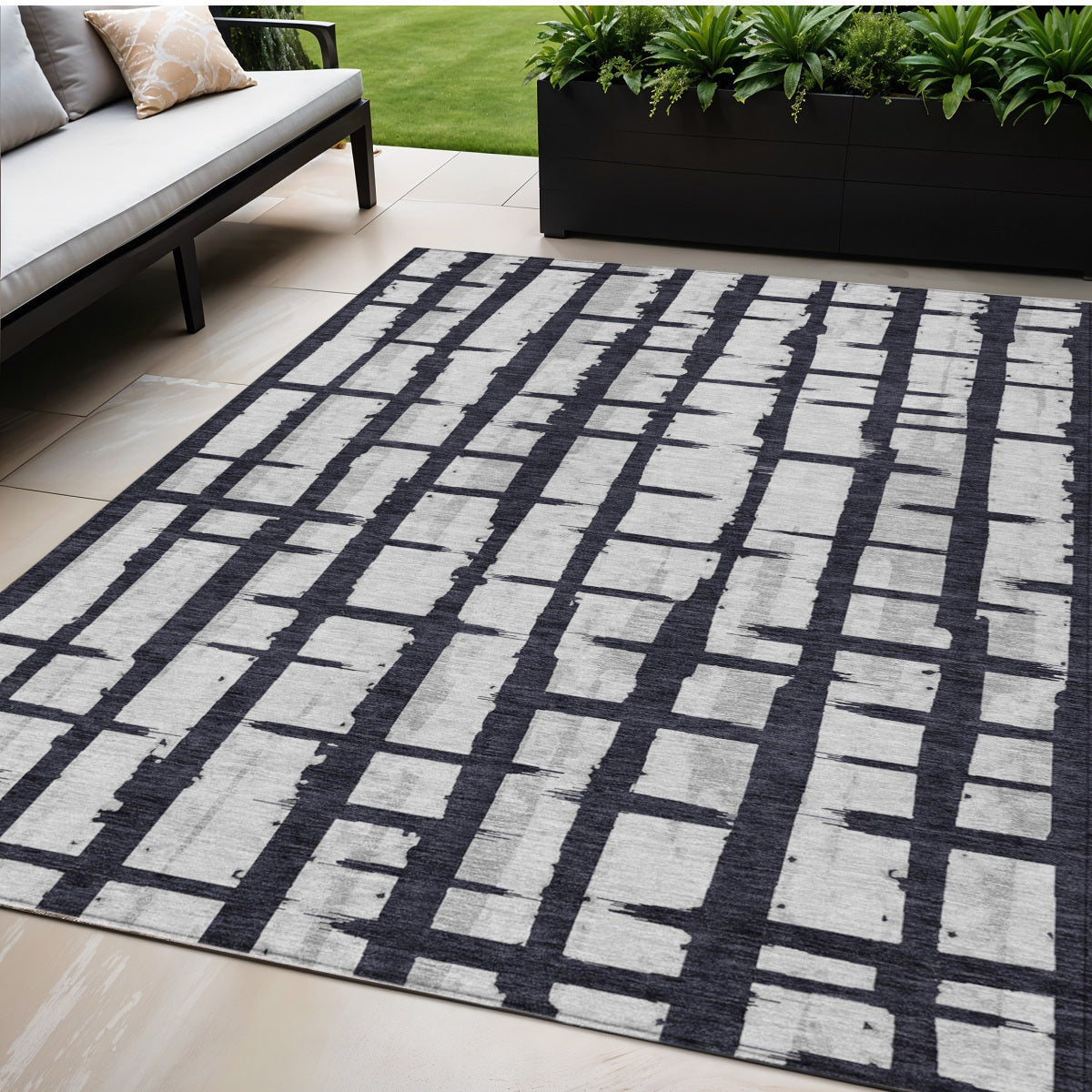 Tabselect Home Line 5' X 8' Black Beige And Gray Striped Washable Indoor Outdoor Area Rug